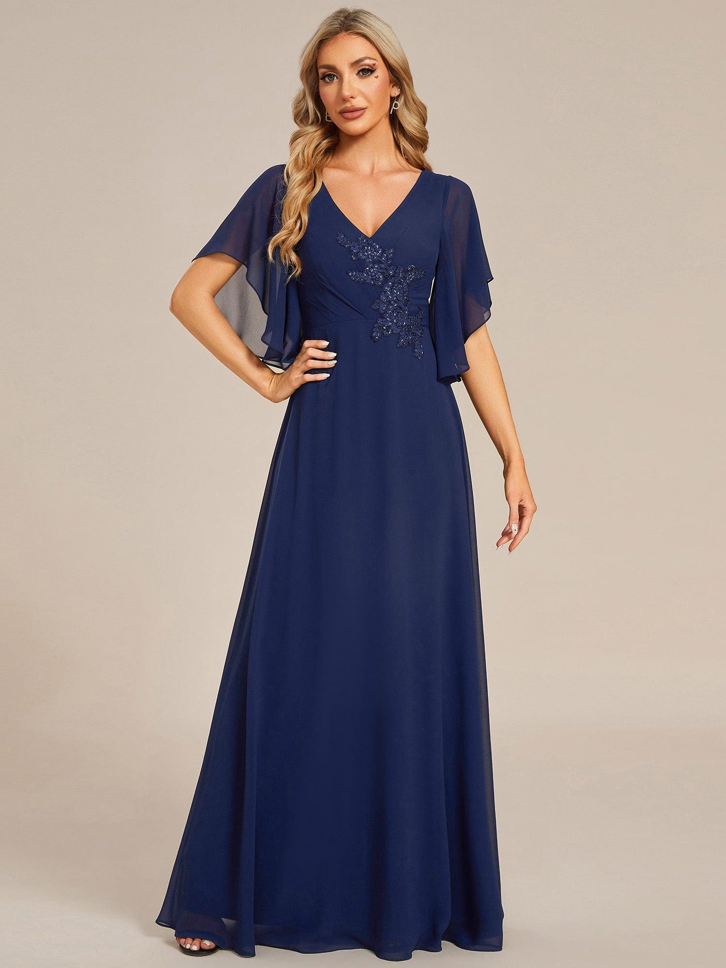 Mother of the Bride Dress with Half Sleeves & Applique Embellishments