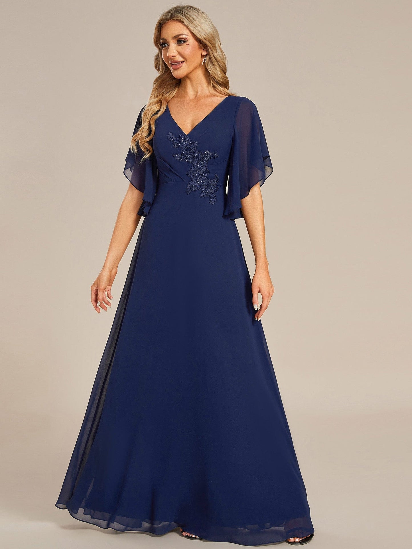 Mother of the Bride Dress with Half Sleeves & Applique Embellishments