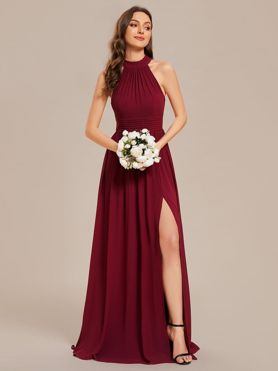 Graceful Chiffon Halter A-Line Bridesmaid Gown with High Slit