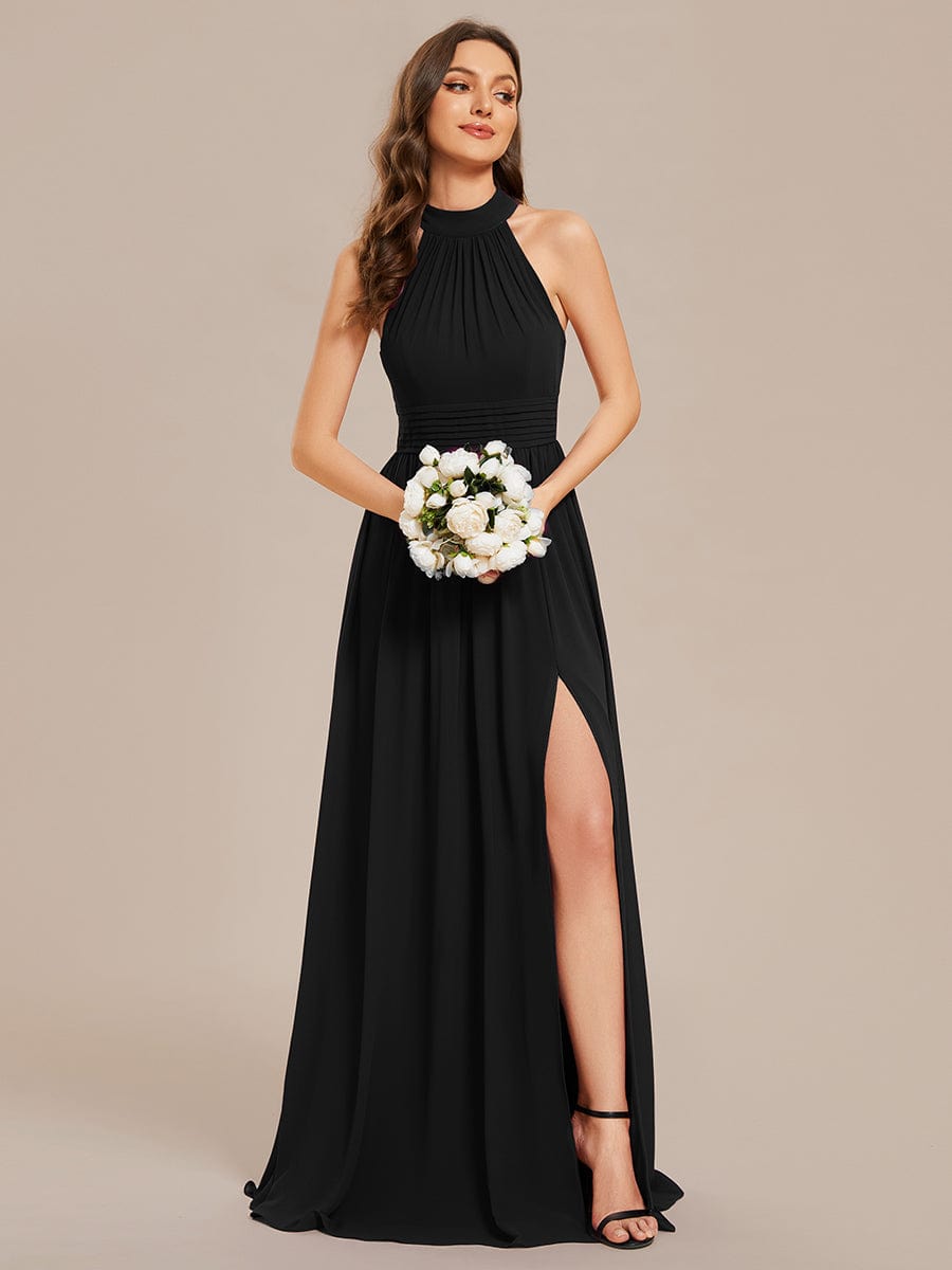 Graceful Chiffon Halter A-Line Bridesmaid Gown with High Slit