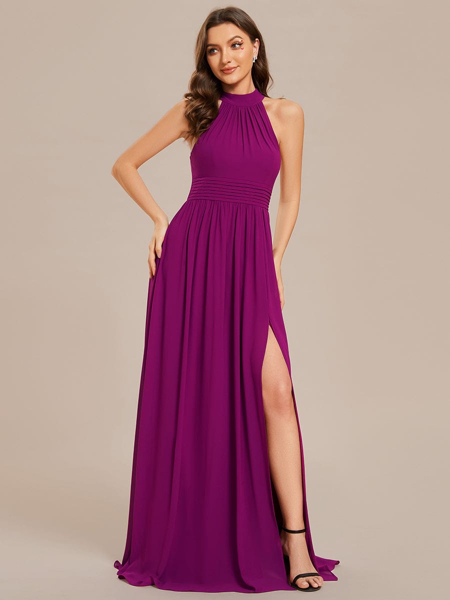 Graceful Chiffon Halter A-Line Bridesmaid Gown with High Slit