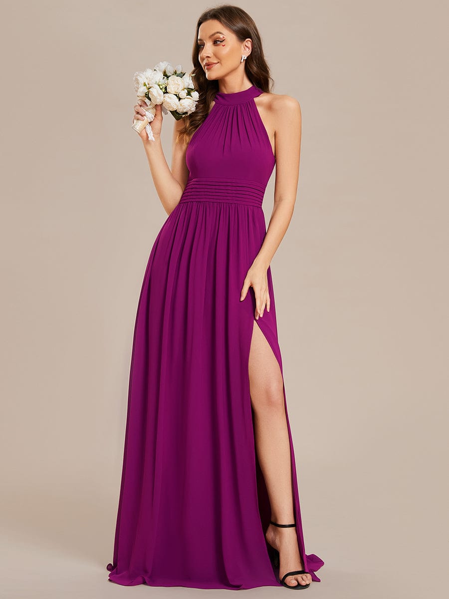 Graceful Chiffon Halter A-Line Bridesmaid Gown with High Slit