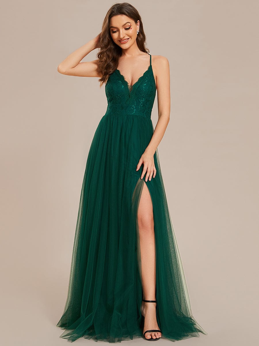 Cross-Back Lace A-Line Bridesmaid Dress with High Slit Tulle