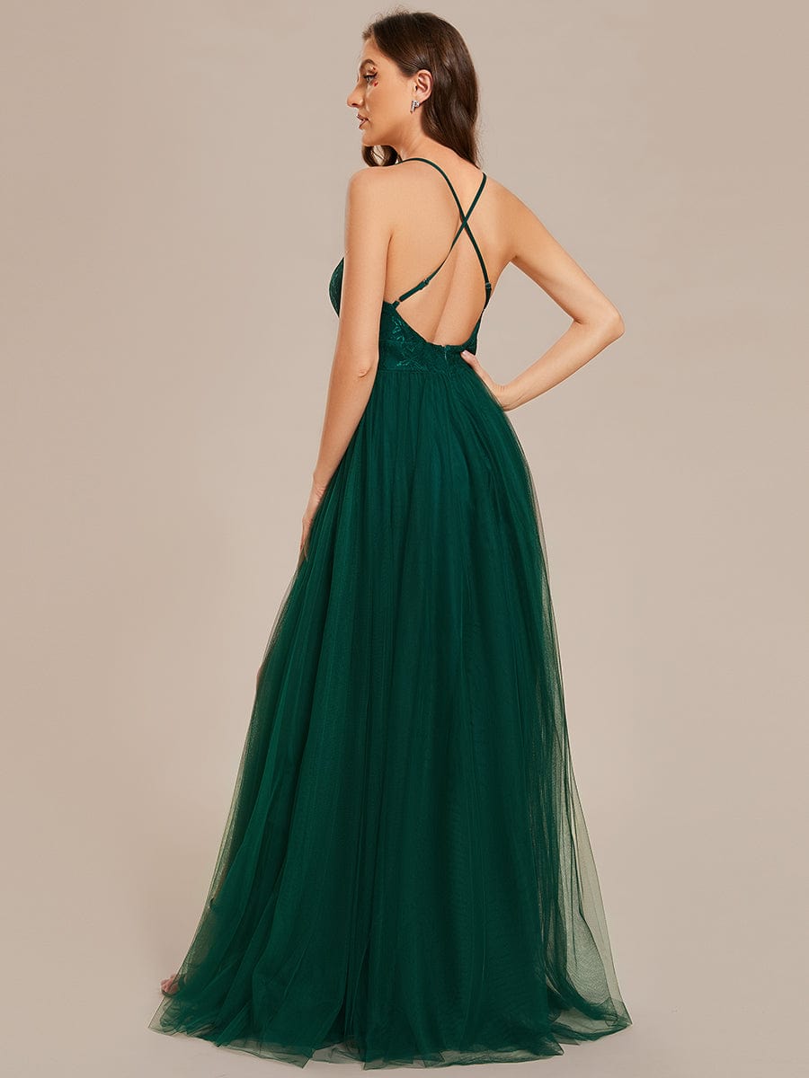 Cross-Back Lace A-Line Bridesmaid Dress with High Slit Tulle