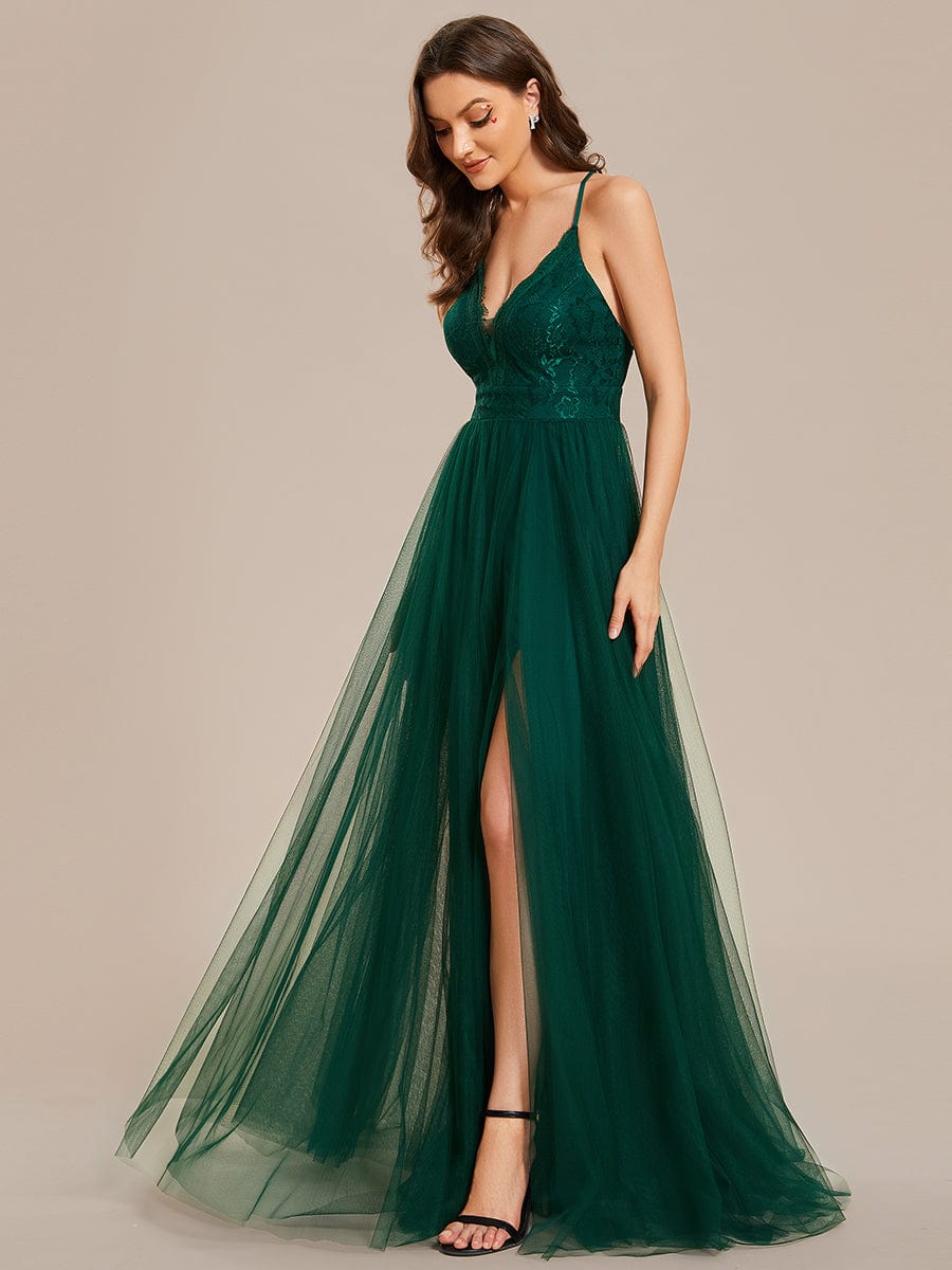 Cross-Back Lace A-Line Bridesmaid Dress with High Slit Tulle