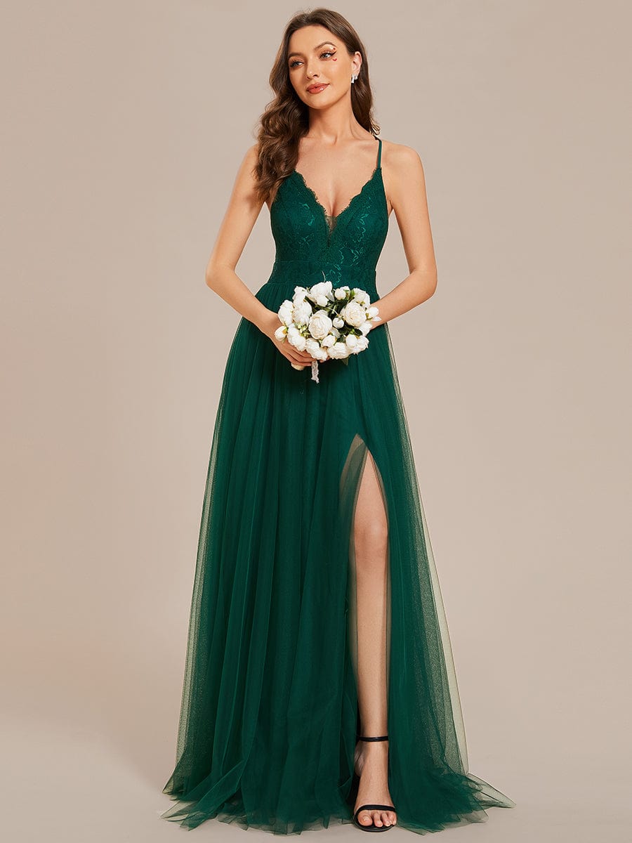 Cross-Back Lace A-Line Bridesmaid Dress with High Slit Tulle