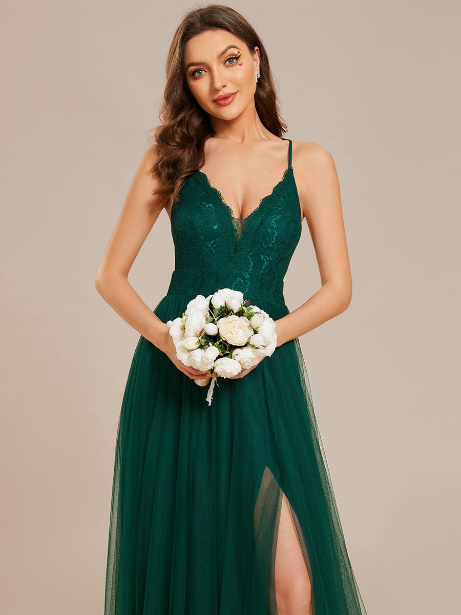 Cross-Back Lace A-Line Bridesmaid Dress with High Slit Tulle