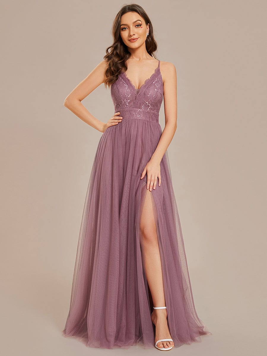 Cross-Back Lace A-Line Bridesmaid Dress with High Slit Tulle