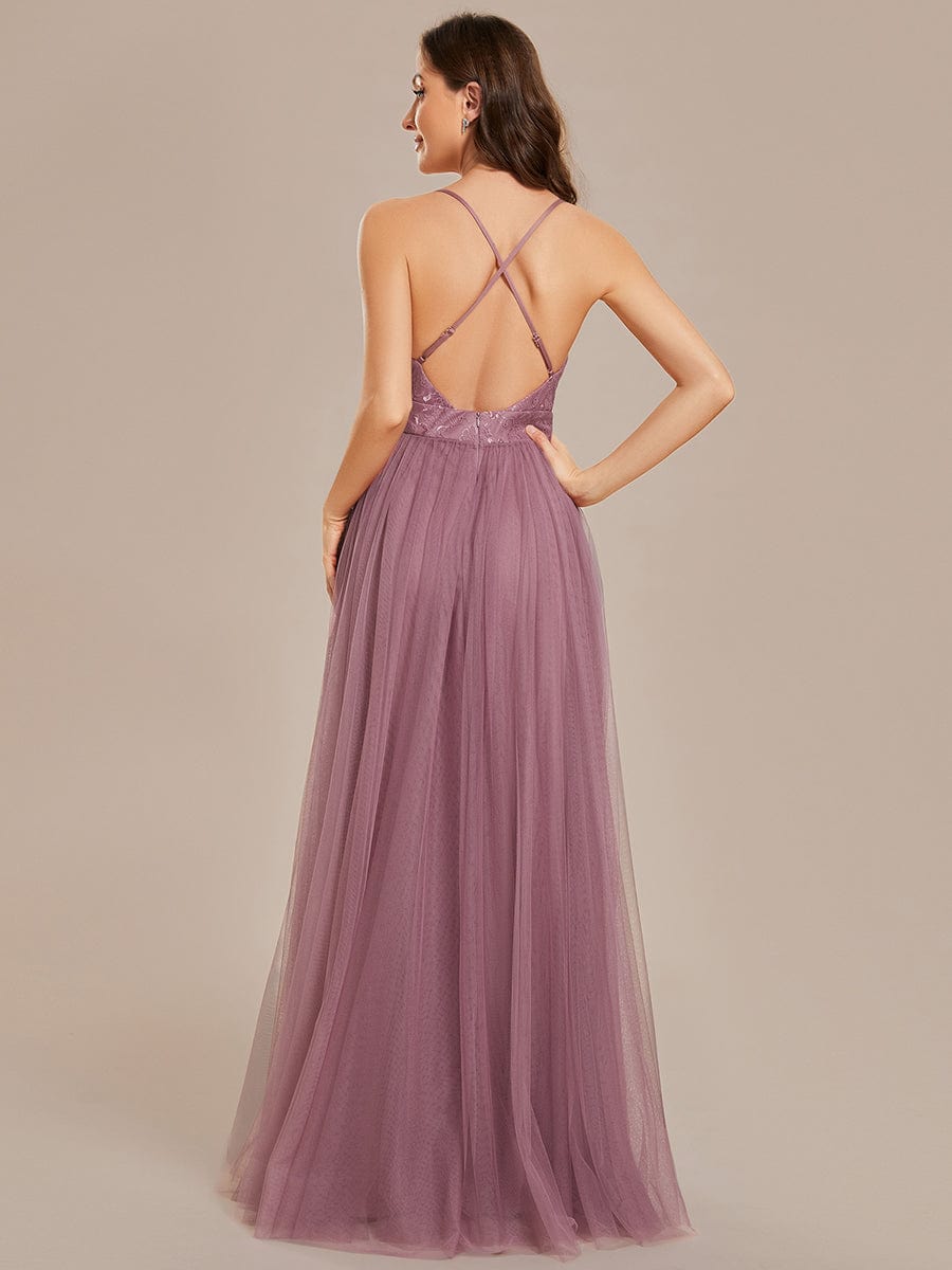 Cross-Back Lace A-Line Bridesmaid Dress with High Slit Tulle