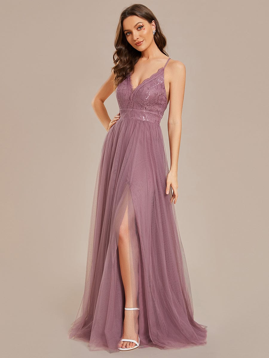 Cross-Back Lace A-Line Bridesmaid Dress with High Slit Tulle