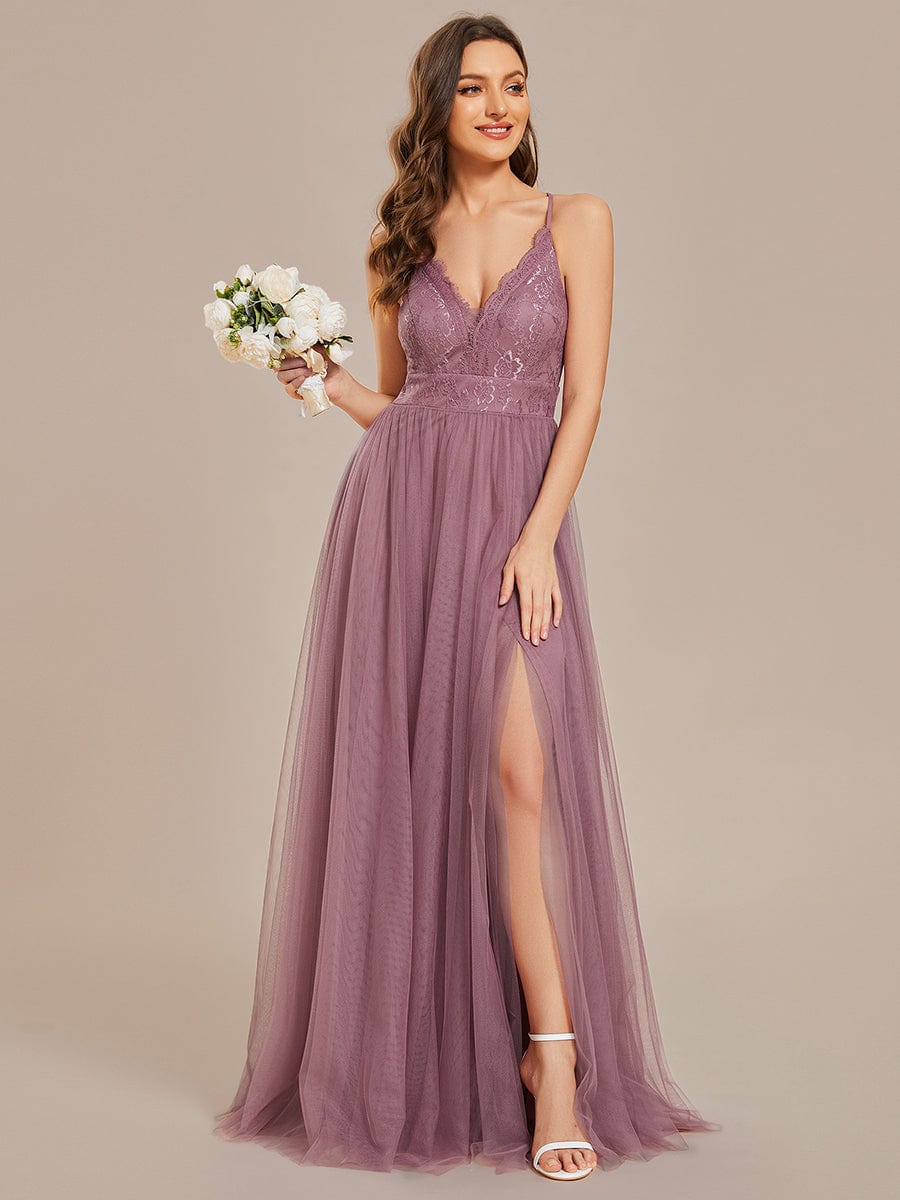 Cross-Back Lace A-Line Bridesmaid Dress with High Slit Tulle