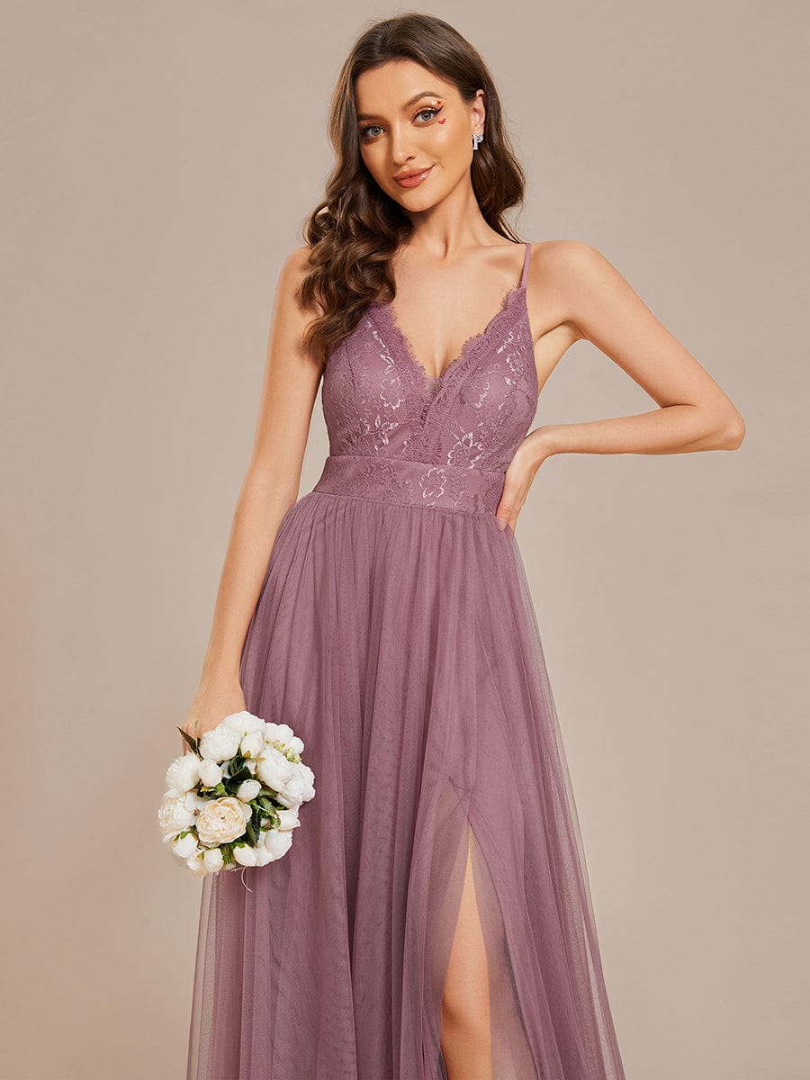 Cross-Back Lace A-Line Bridesmaid Dress with High Slit Tulle