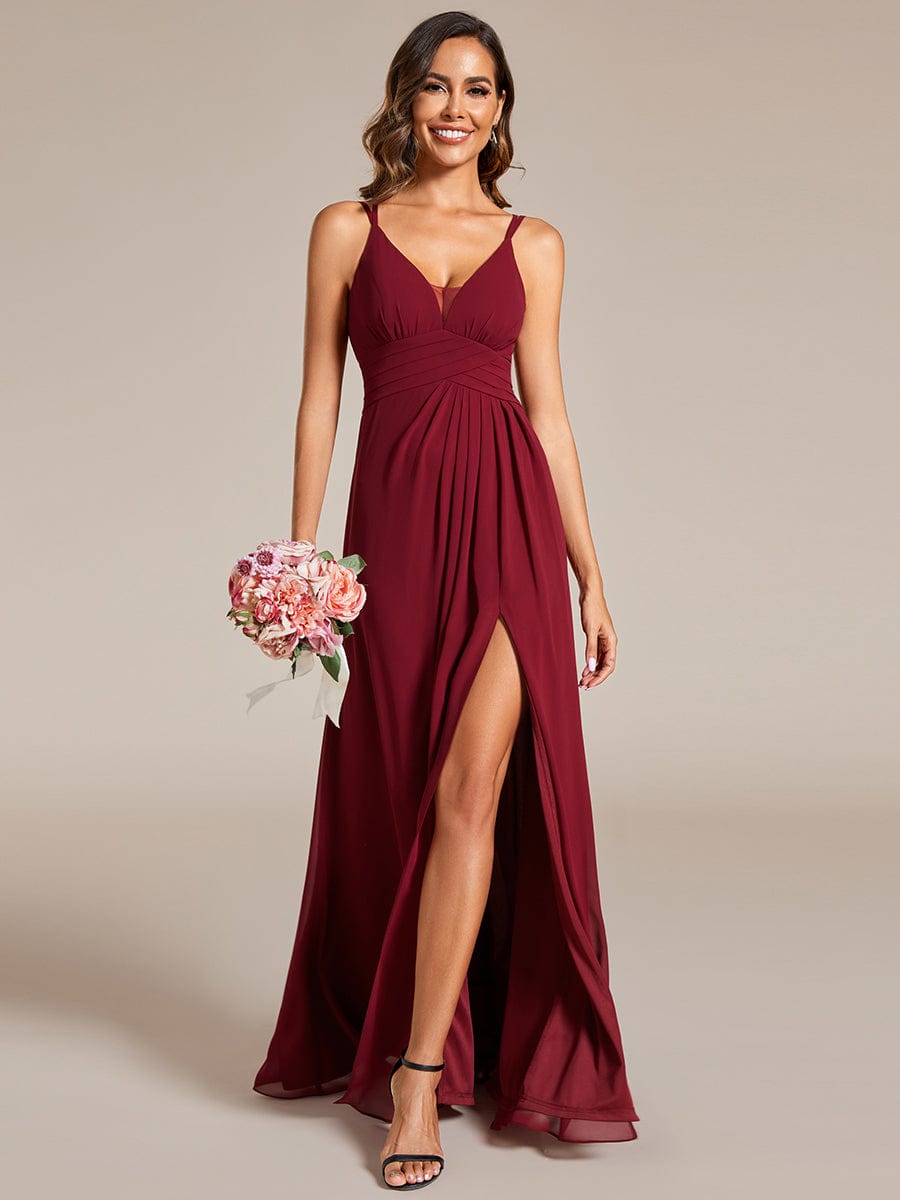 Captivating V-Neck Spaghetti Strap Bridesmaid Gown with High Front Slit