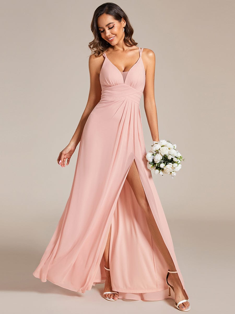 Captivating V-Neck Spaghetti Strap Bridesmaid Gown with High Front Slit