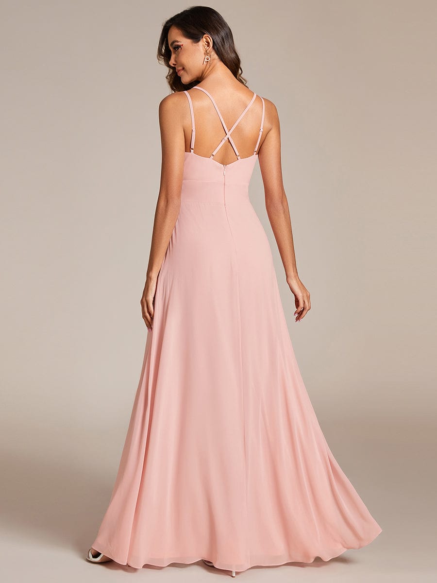 Captivating V-Neck Spaghetti Strap Bridesmaid Gown with High Front Slit