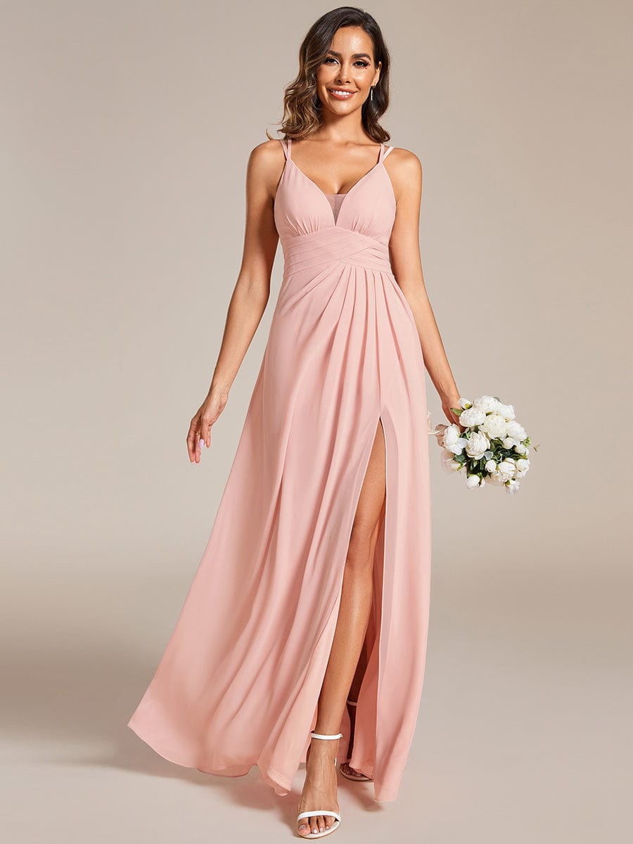 Captivating V-Neck Spaghetti Strap Bridesmaid Gown with High Front Slit