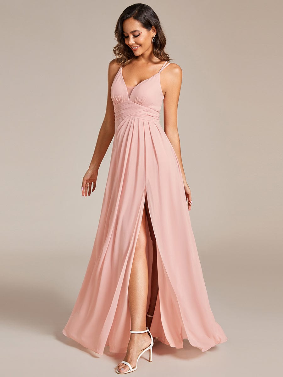 Captivating V-Neck Spaghetti Strap Bridesmaid Gown with High Front Slit